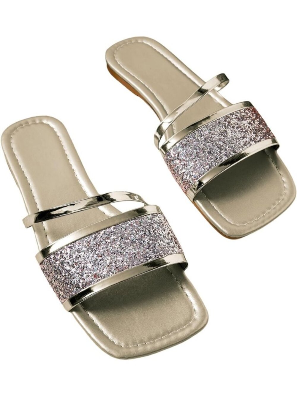 Women's Gold Glitter Faux Leather Sparkly Square Open Toe Metallic Flat Sandal